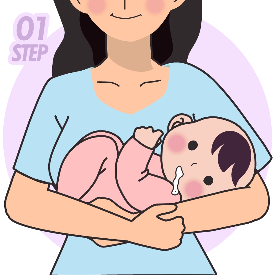 將嬰兒的臉和身體側向一邊，讓寶寶口中的奶水沿著嘴角流出來