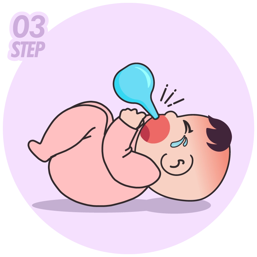 使用吸球進入寶寶口中，吸出多餘的奶水